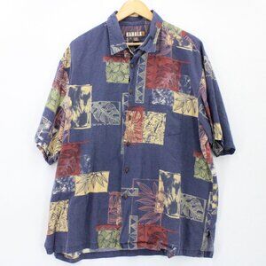 Vintage Kahala 1936 Hawaiian Shirt Men Blue Geometrical Pattern Collared 2XL 90s